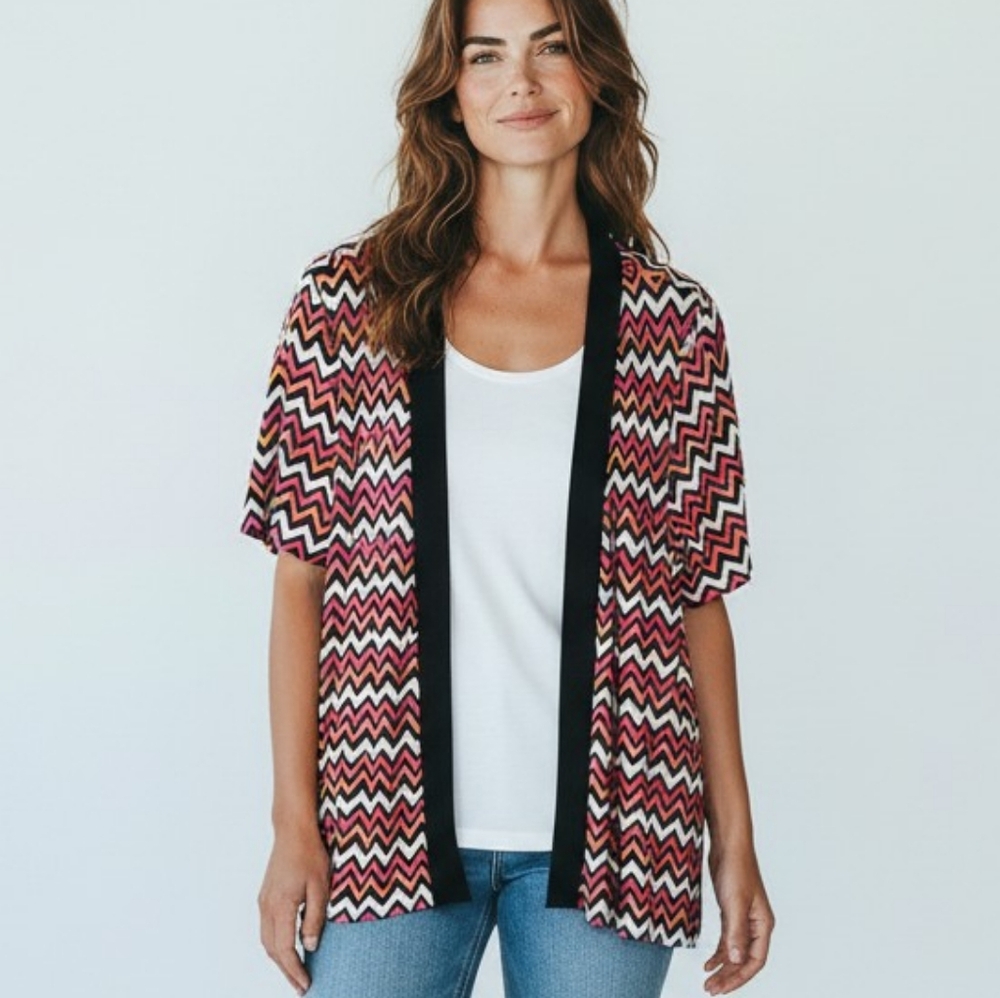 Perceptions Open Front Short Sleeve Top Chevron Print Women's Size 14